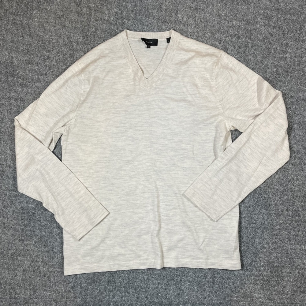 Vince Wool Sweater Mens Medium Heathered White/Blue V Neck Pullover Lightweight
